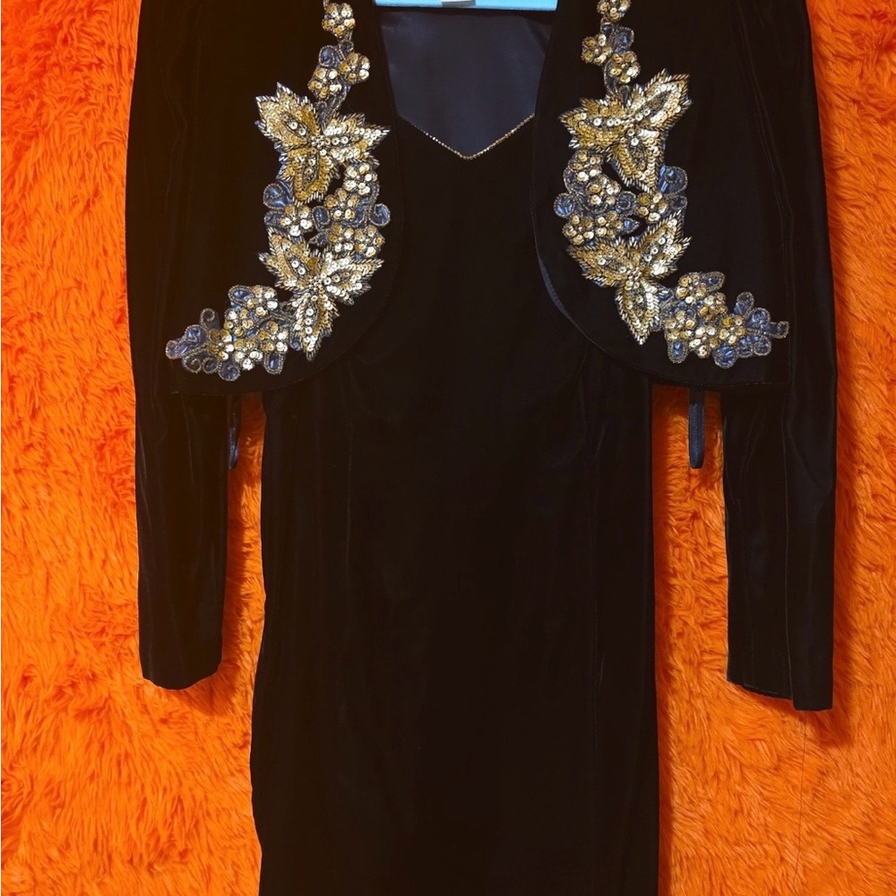 Vintage 1980s Alex Evenings 2 piece Velvet dress set Black with Gold Detailing